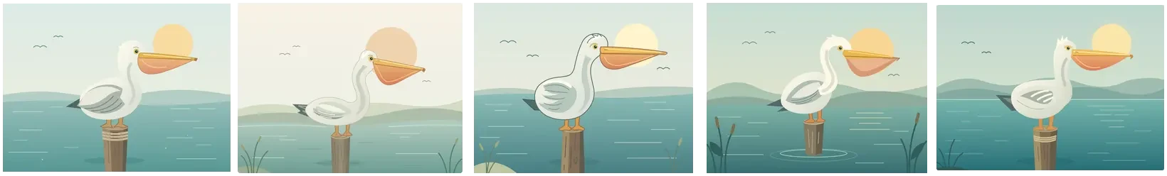 Five polished pelicans on posts