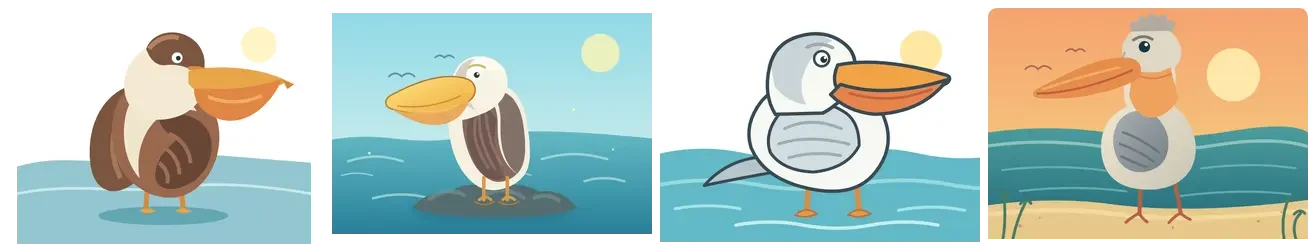 Four cartoon pelicans